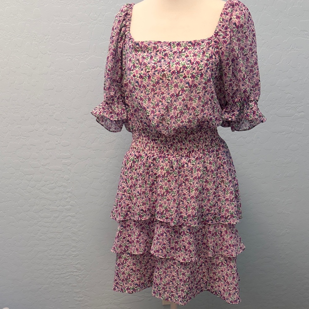Leyden Pink Floral Square-Neck Tiered Midi Dress size Medium